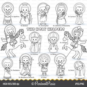De veertien heilige helpers - DEEL 8, heiligen clipart, schattige heiligen, zondagsschool, 14 heilige helpers, lineart, kleuren clipart, zwart-wit