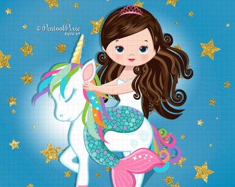 Mermaid and unicorn clipart, Mermaid unicorn, Unicorn mermaid, Unicorn clipart, Mermaid clipart, brunette, brown hair