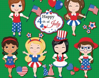 Fourth of July clipart, Independence day clipart, Patriotic clipart, American Flag, 4th of July, American girl, United States clipart