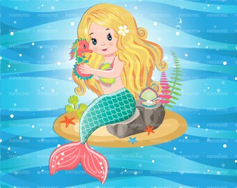 Mermaid clipart, Mermaid and seahorse, seahorse clipart, blonde mermaid, under sea graphics, mermaid party