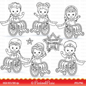 Clipart para crianças com deficiência, deficiência, necessidades especiais, clipart para cadeiras de rodas, deficientes, preto e branco, lineart, selos didigitais, super-herói