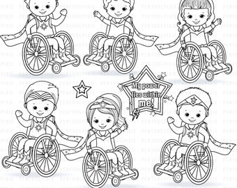 Disabled kids clipart, disability, special needs, wheelchair clipart, handicapped, black and white, lineart, didgital stamps, superhero