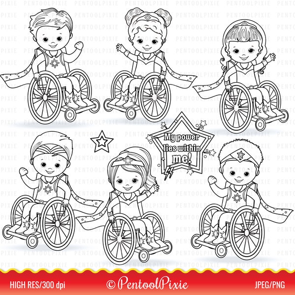 Disabled kids clipart, disability, special needs, wheelchair clipart, handicapped, black and white, lineart, didgital stamps, superhero