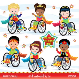 Clipart para crianças com deficiência, deficiência, necessidades especiais, clipart para cadeira de rodas, deficiente, amputado, membro protético, super-herói