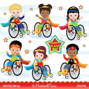 Disabled kids clipart, disability, special needs, wheelchair clipart, handicapped, amputee, prosthetic limb, superhero