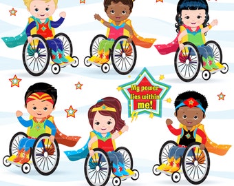 Disabled kids clipart, disability, special needs, wheelchair clipart, handicapped, amputee, prosthetic limb, superhero