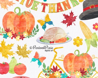 Clipart de Thanksgiving, clipart aquarelle, clipart d’automne, dinde, récolte, clipart de dinde, clipart aquarelle