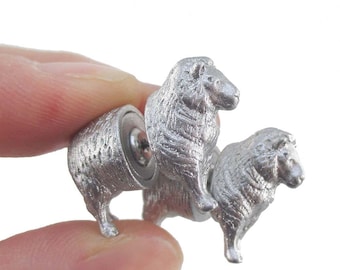 Realistic 3D Miniature Sheep Ram Shaped Animal Fake Gauge Plug Earrings in Glittery Silver | Unique Faux Ear Piercings