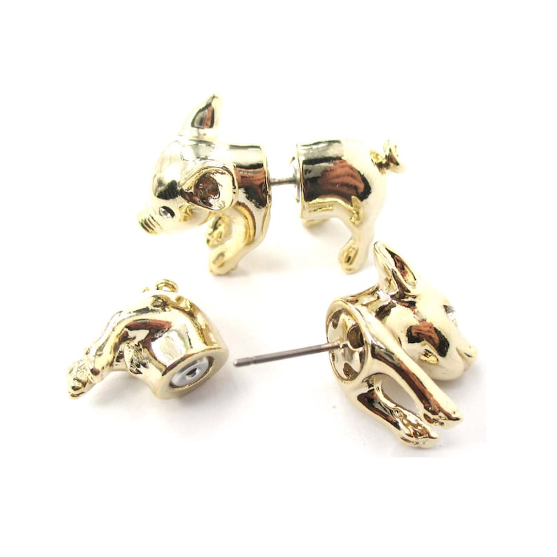 3D Baby Piglet Farm Animal Themed Fake Gauge Plug Earrings in Shiny Gold Unique Faux Ear Gauges