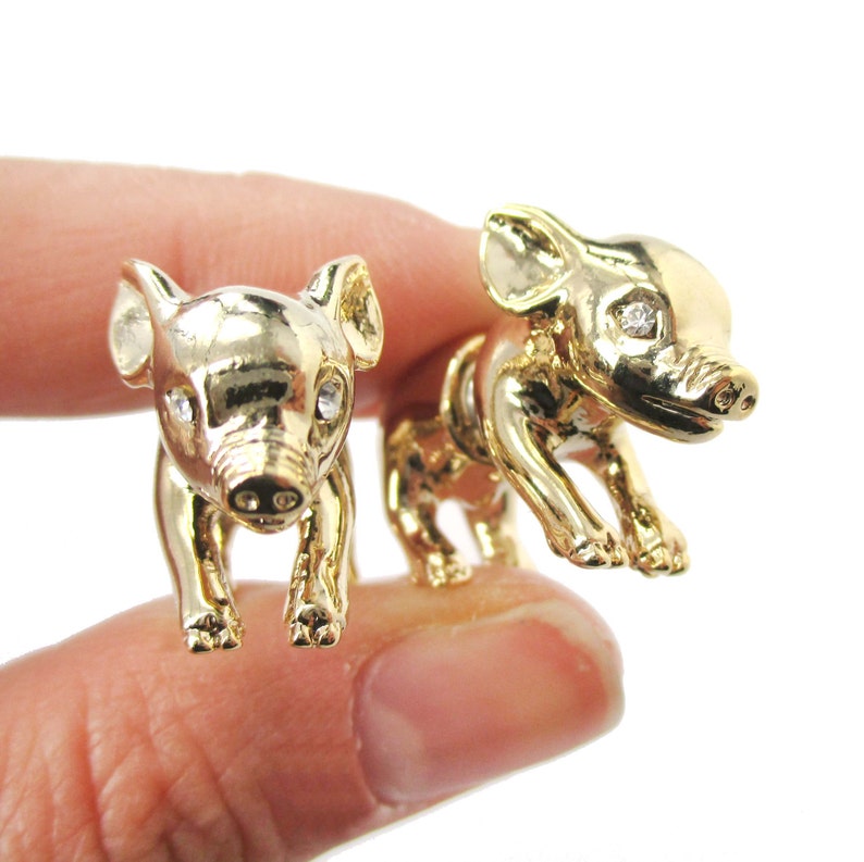 3D Baby Piglet Farm Animal Themed Fake Gauge Plug Earrings in Shiny Gold Unique Faux Ear Gauges