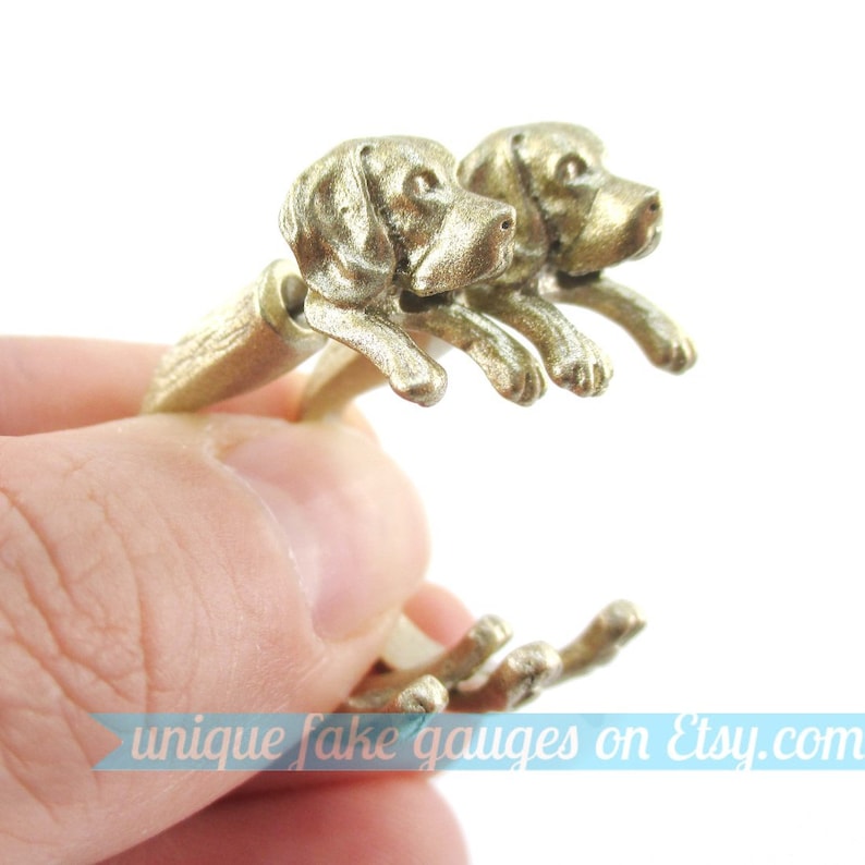 3D Realistic Beagle Puppy Dog Shaped Animal Fake Gauge Plug Earrings in Gold Unique Faux Ear Piercings