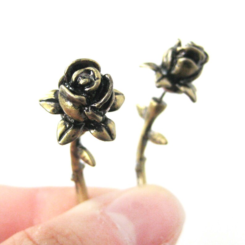 Realistic Rose Shaped Flower Themed Fake Gauge Plug Earrings in Bronze Unique Ear Gauges image 1