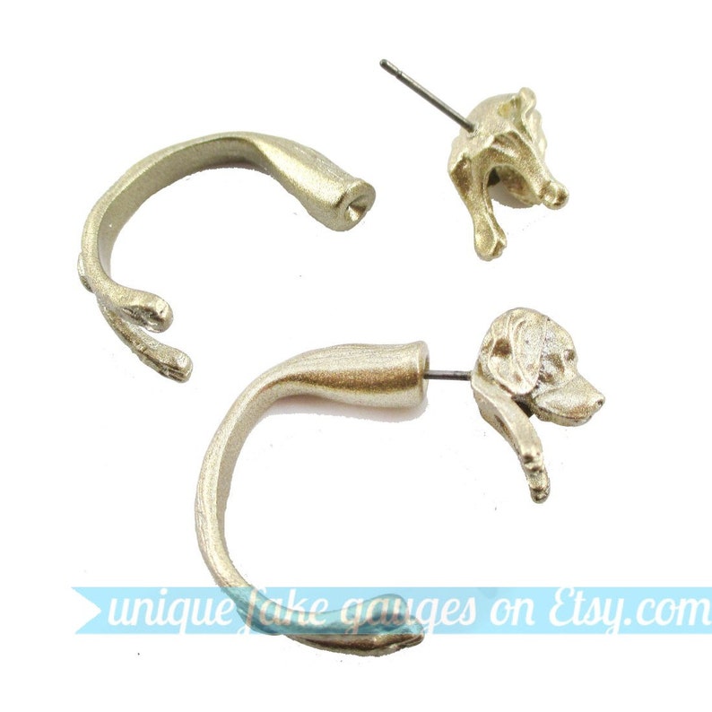 3D Realistic Beagle Puppy Dog Shaped Animal Fake Gauge Plug Earrings in Gold Unique Faux Ear Piercings