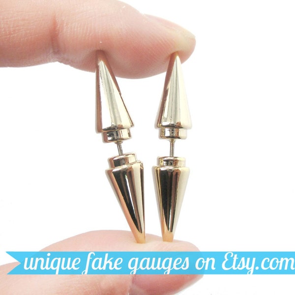 Triangular Spiked Stud Shaped Fake Ear Gauges Plug Stud Earrings in Shiny Gold | Unisex Faux Ear Piercings