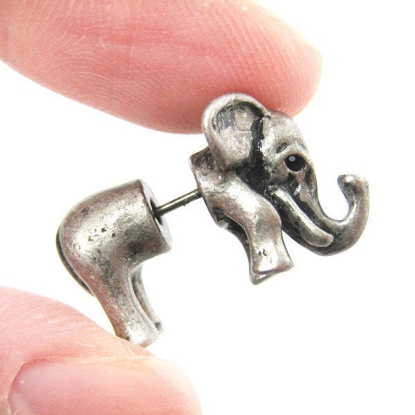 3D Realistic Elephant Shaped Animal Fake Gauge Plug Earrings in Silver | Unique Faux Ear Piercings