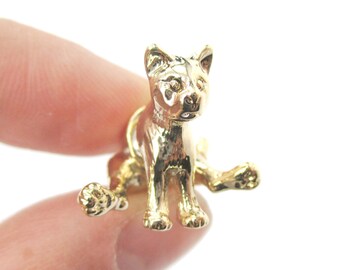 Realistic 3D Sitting Kitty Cat Shaped Animal Fake Gauge Plug Earrings in Shiny Gold | Unique Faux Ear Piercings