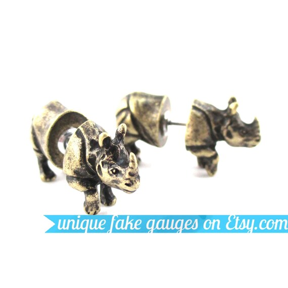 Miniature Rhinoceros Rhino Shaped Fake Gauge Front and Back Stud