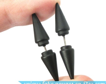 Triangular Spiked Stud Shaped Fake Ear Gauges Plug Stud Earrings in Jet Black | Unisex Faux Ear Piercings