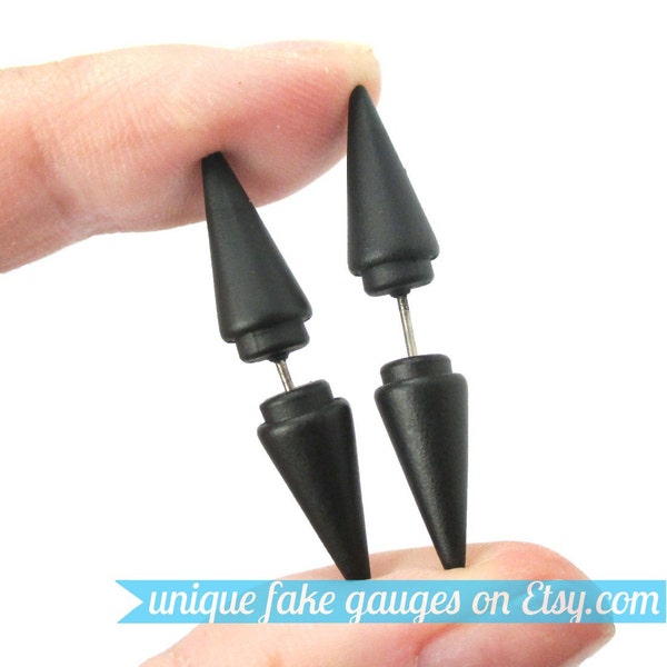 Triangular Spiked Stud Shaped Fake Ear Gauges Plug Stud Earrings in Jet Black | Unisex Faux Ear Piercings