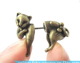 3D Kitty Cat With Small Bow Shaped Animal Fake Gauge Plug Earrings in Bronze | Unique Faux Ear Piercings