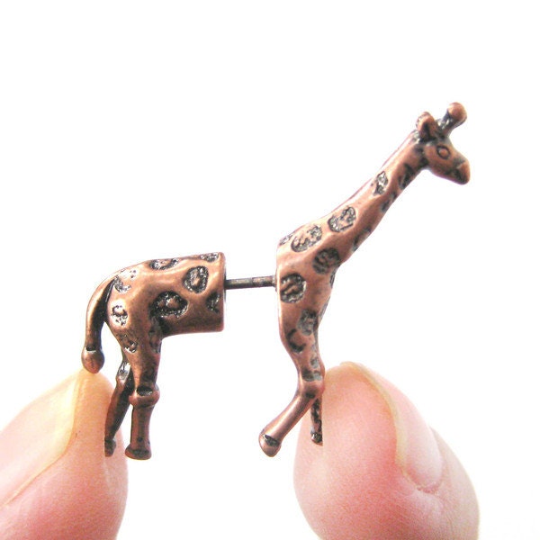 Realistic Giraffe Shaped Animal Fake Gauge Plug Earrings in Copper | Unique Faux Ear Piercings