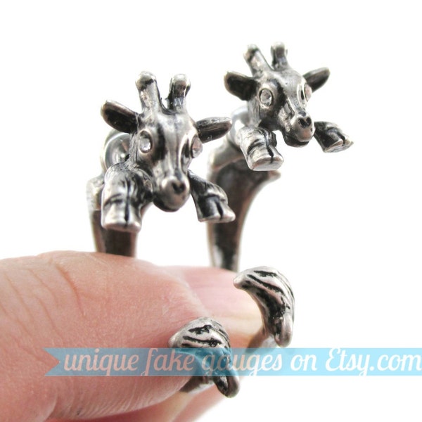 Realistic Giraffe Shaped Fake Gauge Front and Back Earrings in Silver | Unique Animal Themed Faux Ear Piercings