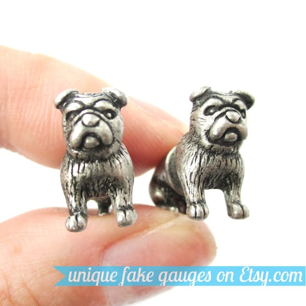 3D Realistische Bulldogge Mops Hündchen Geformte Tier Fake Plug Ohrringe in Silber | Einzigartige Faux Ohrstecker