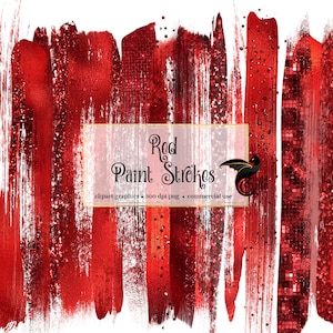 Red Paint Strokes Clipart, with red glitter and red foil in digital PNG format instant download for commercial use