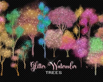 May include: A digital illustration of watercolor trees with glitter accents. The trees are in various shades of pink, green, blue, and gold. The text "Glitter Watercolor Trees" is at the bottom of the image.