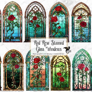 Clipart de janelas de vitral de rosa vermelha - gráficos de clip art de fantasia e folhas de colagem para arte alterada ou diários indesejados, download instantâneo