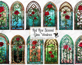 Red Rose Stained Glass Windows Clipart - fantasy clip art graphics and collage sheets for altered art or junk journals instant download