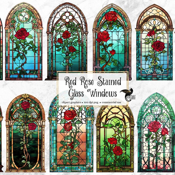 Red Rose Stained Glass Windows Clipart - fantasy clip art graphics en collage sheets voor veranderde kunst of junk journals instant download