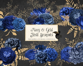 Navy and Gold Floral Bouquets Clipart, digital instant download blue and gold foil wedding flower png embellishments for commercial use