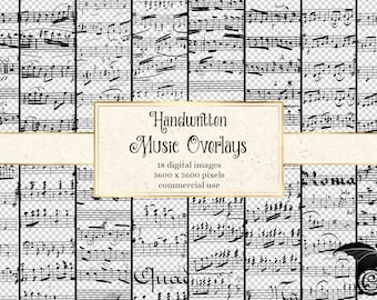 Handwritten Music Overlays, vintage antique digital sheet music overlays in PNG format with transparent backgrounds for commercial use