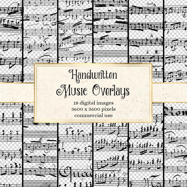 Handwritten Music Overlays, vintage antique digital sheet music overlays in PNG format with transparent backgrounds for commercial use