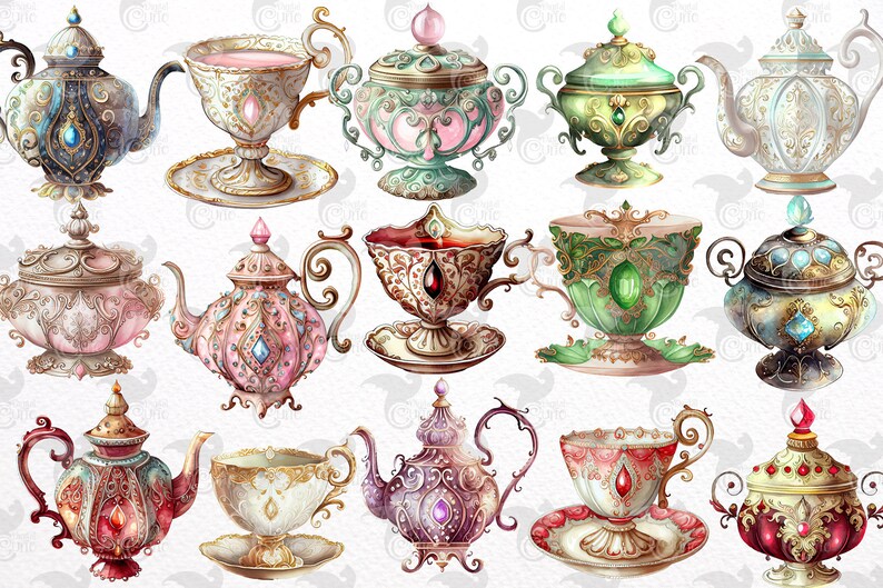 Pode incluir: Uma cole&ccedil;&atilde;o de x&iacute;caras de ch&aacute; e bules adornados com desenhos intrincados e gemas coloridas. As x&iacute;caras de ch&aacute; e os bules s&atilde;o decorados com ouro, prata e v&aacute;rios tons de rosa, verde e azul.