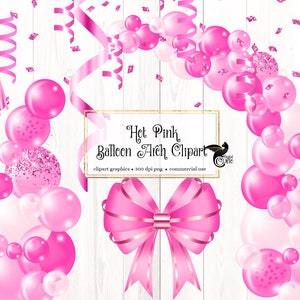 Hot Pink Balloon Arch Clipart, glam balloon png digitale overlays met linten en confetti instant download commercieel gebruik