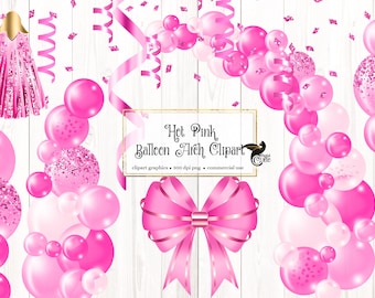 Hot Pink Balloon Arch Clipart, glam balloon png digital overlays with ribbons and confetti instant download commercial use