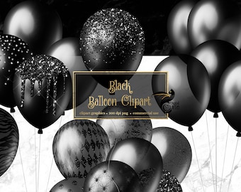 Black Balloons Clipart, glitter party clipart en formato PNG descarga instantánea para uso comercial