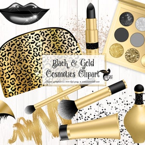 Black and Gold Cosmetics Clip Art - digital makeup and beauty graphics in png format instant download for commercial use