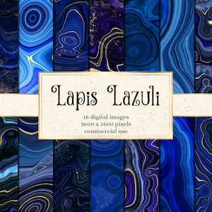 May include: Digital paper pack with 18 images of blue and gold lapis lazuli stone patterns. Each image is 3600 x 3600 pixels and is for commercial use.