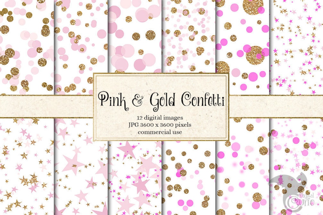 Pink and Gold Glitter Confetti Digital Paper, Pink and Gold Polka Dots ...