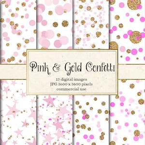 Può includere: Un set di 12 motivi di carta digitale con coriandoli rosa e dorati su sfondo bianco. I motivi includono cerchi, stelle e glitter. Il testo "Pink & Gold Confetti" è visualizzato sull'immagine. 12 immagini digitali JPG 3600 x 3600 pixel uso commerciale.