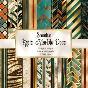 Peut inclure: Un pack de papiers numériques avec 22 motifs sans couture présentant des motifs rétro en marbre et géométriques dans des tons de vert, or et brun. Le texte "Seamless Retro Marble Deco" est affiché sur l'image.