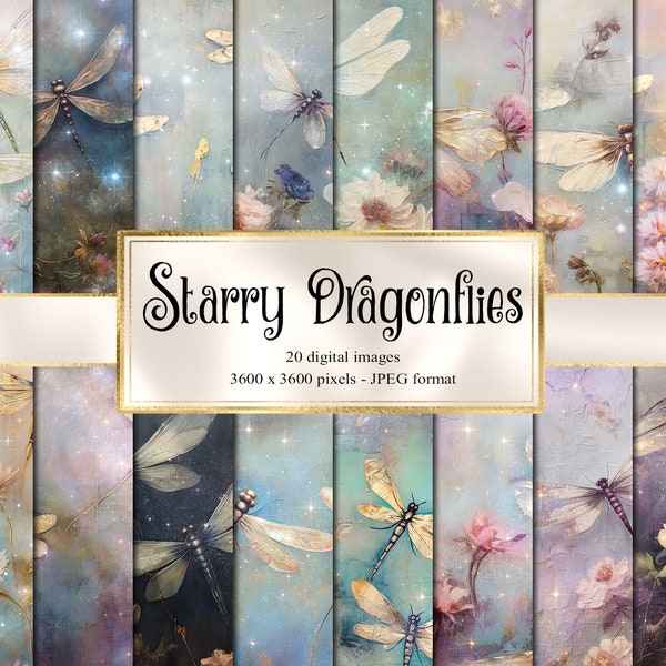 Starry Dragonfly Digital Paper, celestial digital paper fantasy dragonflies, scrapbook pages printable paper instant download