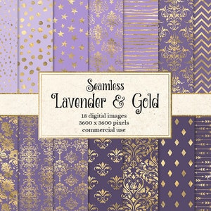 Lavender and Gold Digital Paper, seamless purple gold foil backgrounds, gold patterns, printable scrapbook paper, digital commercial use
