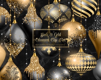 Black and Gold Christmas Ornaments Clipart, digital glitter Christmas ball ornament clip art in png format for commercial use