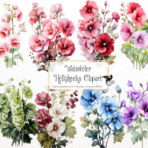 Watercolor Hollyhocks Clipart - spring wildflowers in PNG format instant download for commercial use