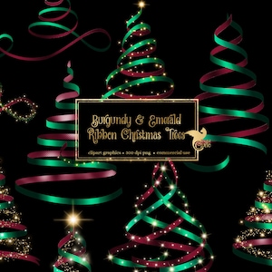 Bourgogne et émeraude ruban arbre de Noël Clip Art - paillettes de vacances numériques graphiques png pour téléchargement immédiat utilisation commerciale