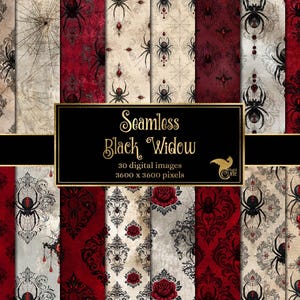 Può includere: Una collezione di 30 immagini digitali con motivi senza cuciture di ragni vedova nera, ragnatele, damaschi e rose rosse su sfondi strutturati in rosso, nero e crema, con il testo Seamless Black Widow 3600 x 3600 pixels.